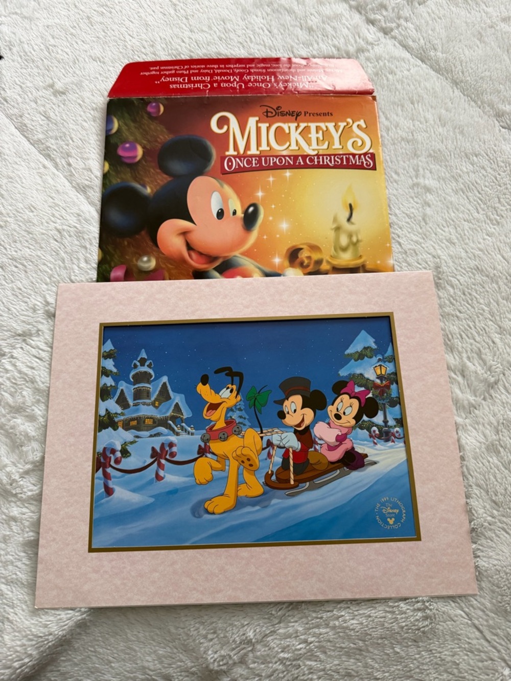 Disney Pink-Matted Mickey, Minnie & Pluto Holiday Sled Print